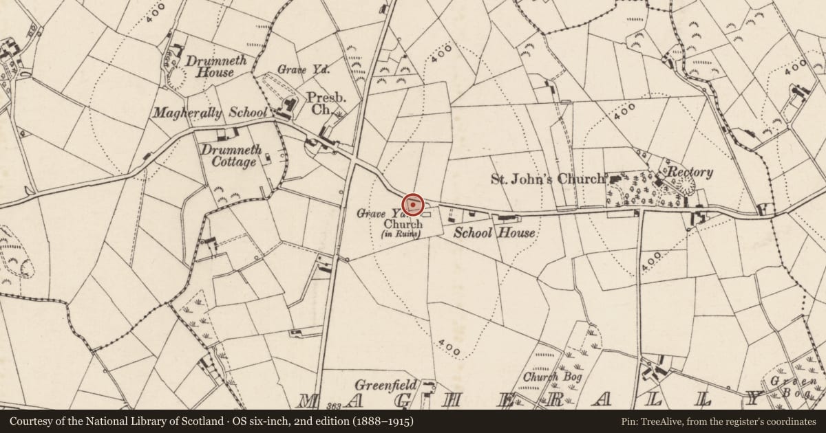 Ordnance Survey six-inch map, 2nd edition (1888–1915) covering the location of Water Tower, Magherally, Armagh City, Banbridge and Craigavon, with a pin at the register's coordinates