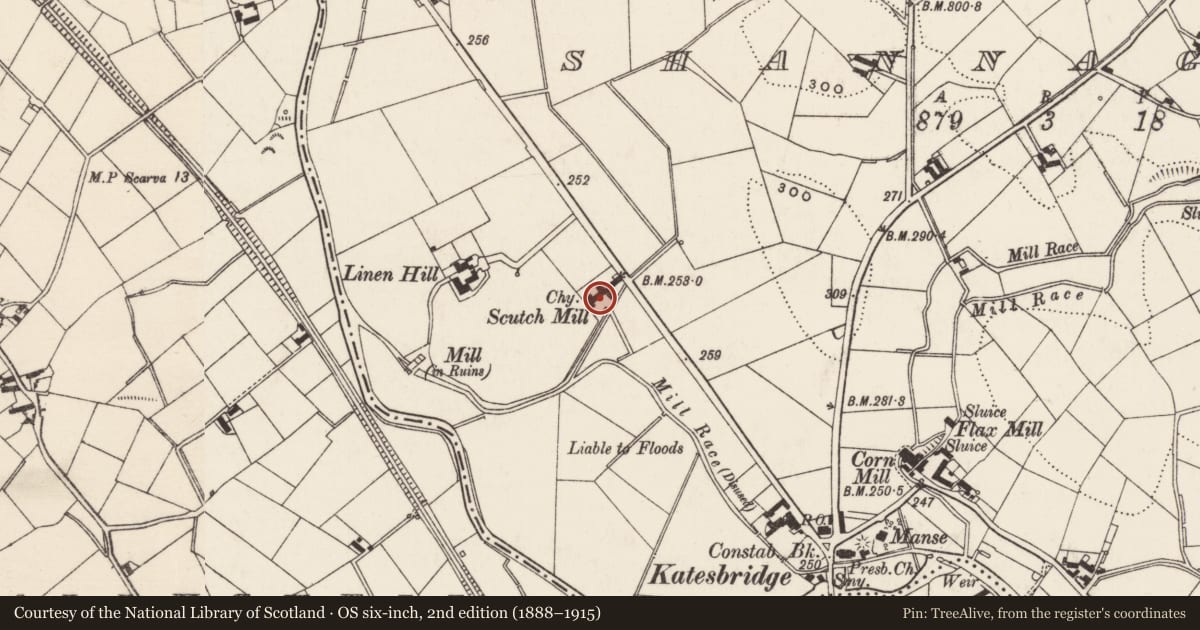 Ordnance Survey six-inch map, 2nd edition (1888–1915) covering the location of Flax mill, Shannaghan, Armagh City, Banbridge and Craigavon, with a pin at the register's coordinates