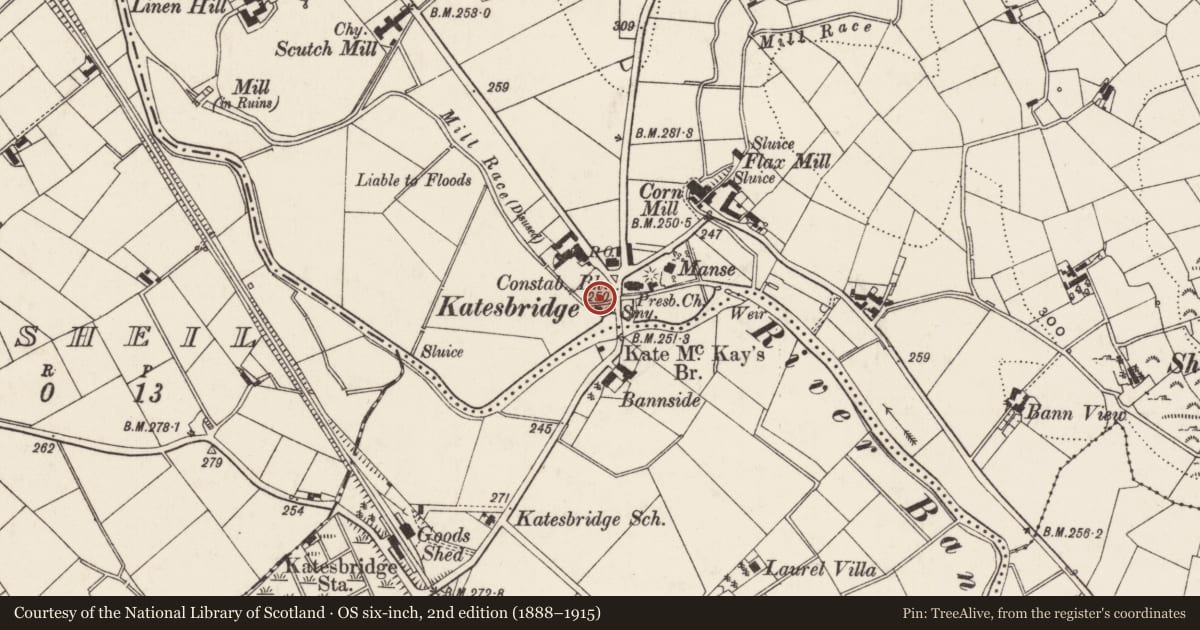 Ordnance Survey six-inch map, 2nd edition (1888–1915) covering the location of 7 Manse Road, Armagh City, Banbridge and Craigavon, with a pin at the register's coordinates