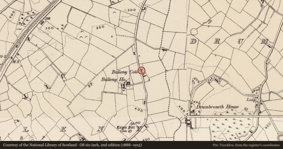 Ordnance Survey six-inch map, 2nd edition (1888–1915) covering the location of Balleny Cottage, Armagh City, Banbridge and Craigavon, with a pin at the register's coordinates