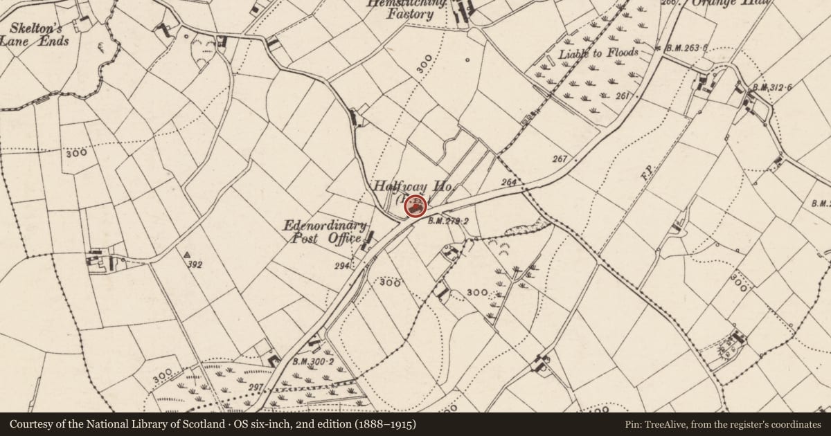 Ordnance Survey six-inch map, 2nd edition (1888–1915) covering the location of 'Halfway House', Edenordinary, Armagh City, Banbridge and Craigavon, with a pin at the register's coordinates