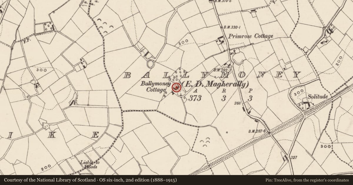 Ordnance Survey six-inch map, 2nd edition (1888–1915) covering the location of Ballymoney Cottage, Armagh City, Banbridge and Craigavon, with a pin at the register's coordinates