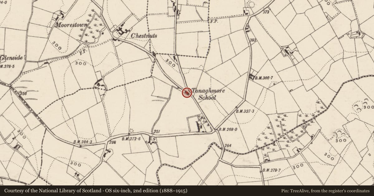 Ordnance Survey six-inch map, 2nd edition (1888–1915) covering the location of Tonaghmore Primary School, Armagh City, Banbridge and Craigavon, with a pin at the register's coordinates