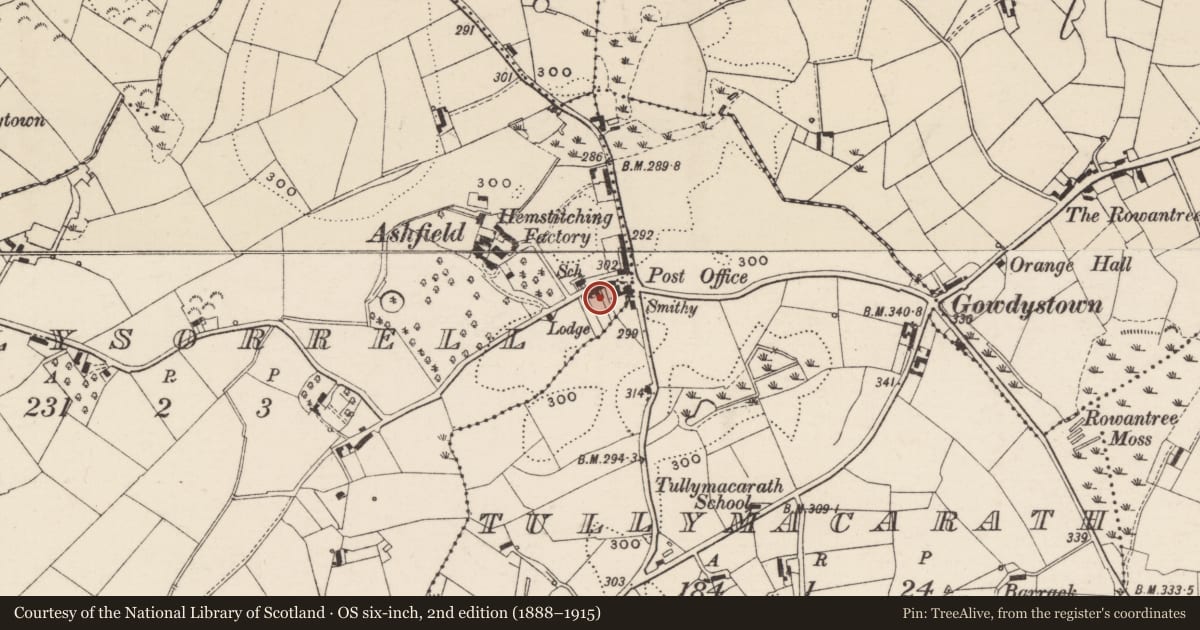 Ordnance Survey six-inch map, 2nd edition (1888–1915) covering the location of Eden Hall, Armagh City, Banbridge and Craigavon, with a pin at the register's coordinates