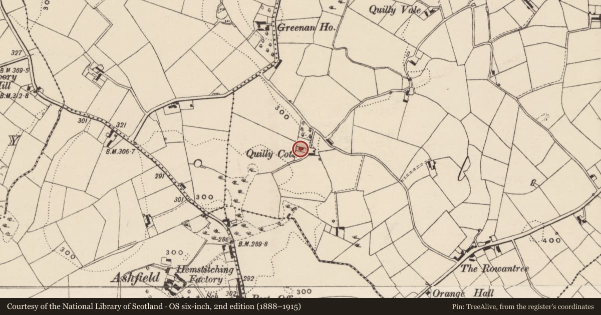 Ordnance Survey six-inch map, 2nd edition (1888–1915) covering the location of Quilly Cottage, Armagh City, Banbridge and Craigavon, with a pin at the register's coordinates