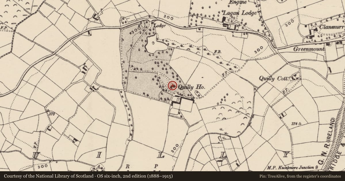 Ordnance Survey six-inch map, 2nd edition (1888–1915) covering the location of Quilly House, Quillly, Armagh City, Banbridge and Craigavon, with a pin at the register's coordinates