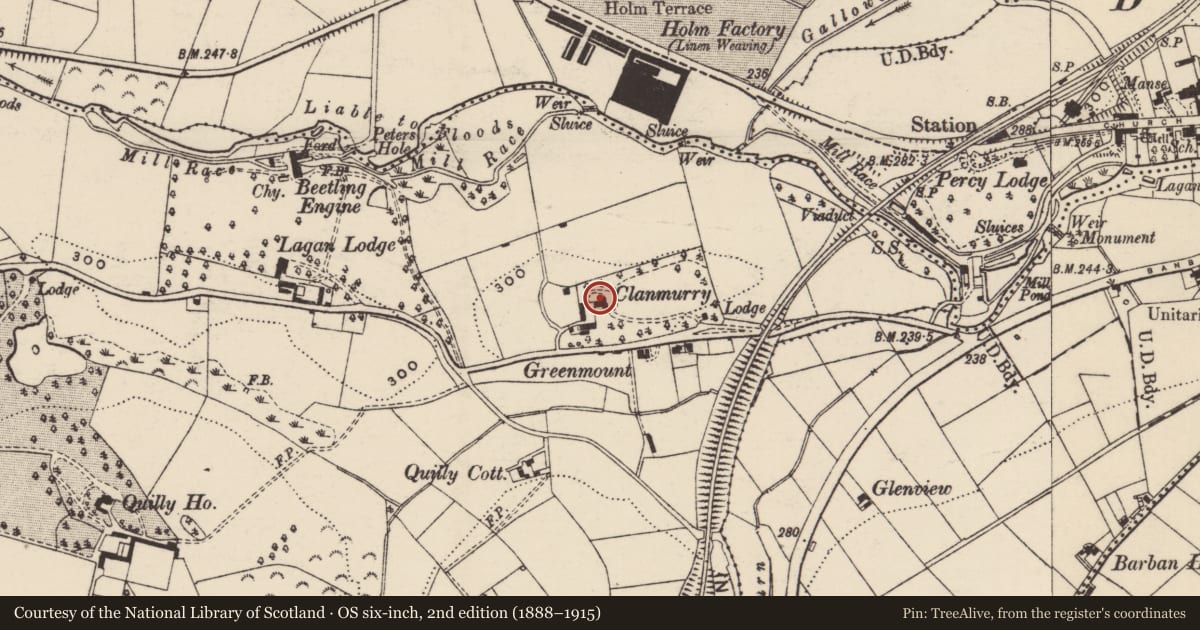 Ordnance Survey six-inch map, 2nd edition (1888–1915) covering the location of Clanmurry, Quilly, Armagh City, Banbridge and Craigavon, with a pin at the register's coordinates