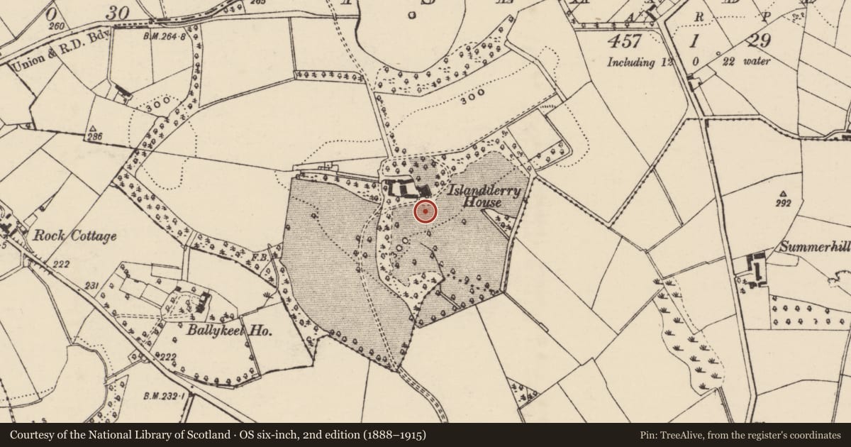 Ordnance Survey six-inch map, 2nd edition (1888–1915) covering the location of Islandderry House, Armagh City, Banbridge and Craigavon, with a pin at the register's coordinates