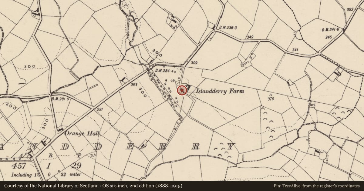 Ordnance Survey six-inch map, 2nd edition (1888–1915) covering the location of Islandderry Farm, Armagh City, Banbridge and Craigavon, with a pin at the register's coordinates