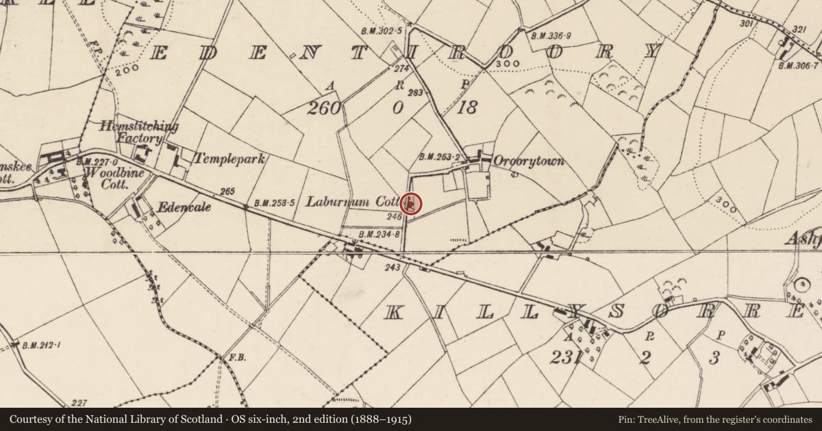 Ordnance Survey six-inch map, 2nd edition (1888–1915) covering the location of Laburnum Cottage, Edentiroory, Armagh City, Banbridge and Craigavon, with a pin at the register's coordinates