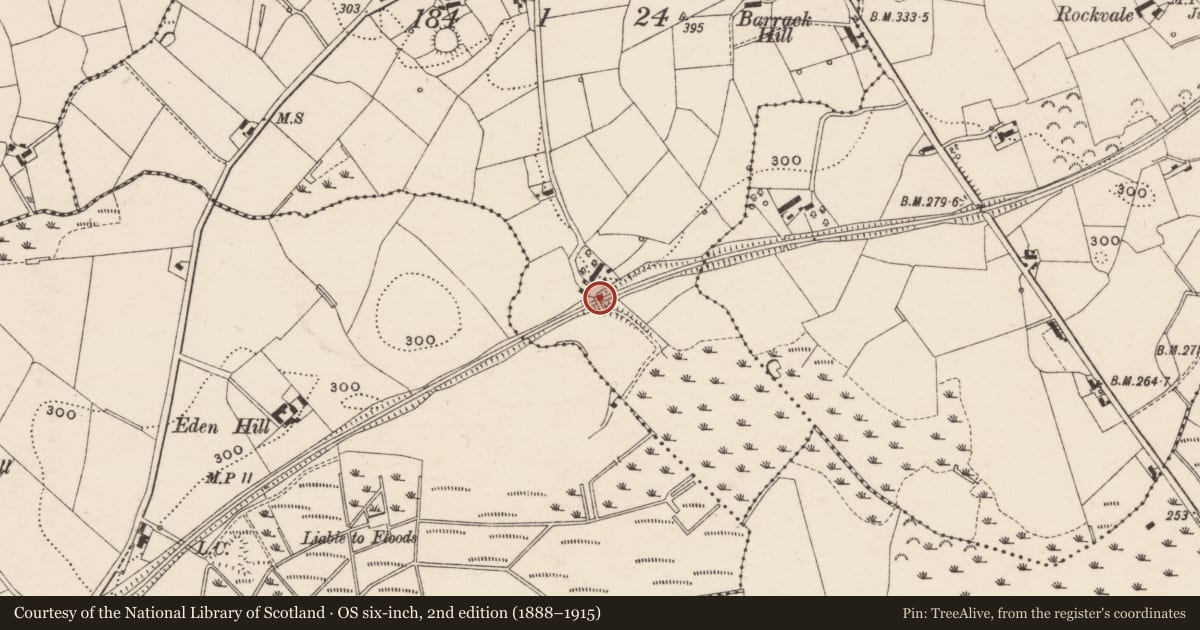 Ordnance Survey six-inch map, 2nd edition (1888–1915) covering the location of Road-over-rail bridge, Tullymacarath, Armagh City, Banbridge and Craigavon, with a pin at the register's coordinates