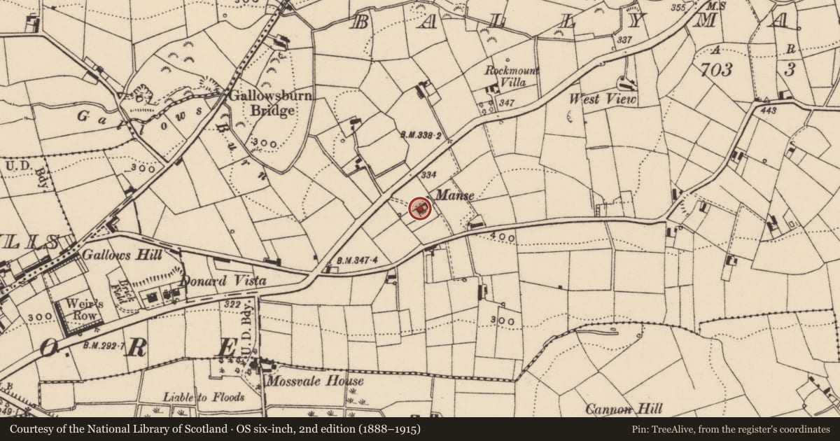 Ordnance Survey six-inch map, 2nd edition (1888–1915) covering the location of The Manse, Ballymacormick, Armagh City, Banbridge and Craigavon, with a pin at the register's coordinates