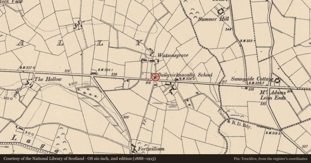 Ordnance Survey six-inch map, 2nd edition (1888–1915) covering the location of Ballyvicknacally School, Lurganbane, Armagh City, Banbridge and Craigavon, with a pin at the register's coordinates