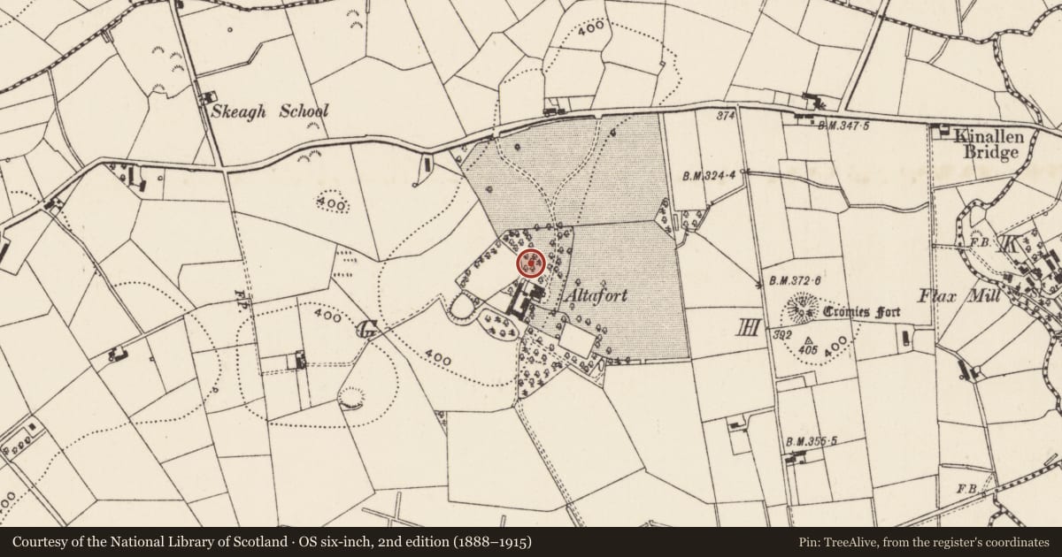 Ordnance Survey six-inch map, 2nd edition (1888–1915) covering the location of Altafort, Skeagh, Armagh City, Banbridge and Craigavon, with a pin at the register's coordinates