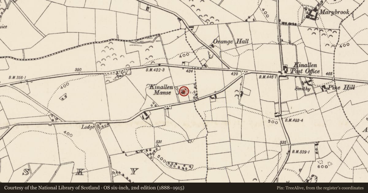 Ordnance Survey six-inch map, 2nd edition (1888–1915) covering the location of Kinallen Manse, Tullinisky, Armagh City, Banbridge and Craigavon, with a pin at the register's coordinates