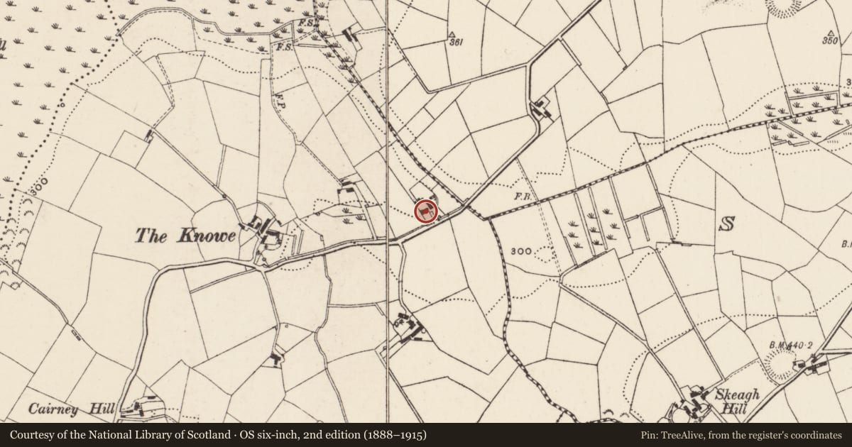 Ordnance Survey six-inch map, 2nd edition (1888–1915) covering the location of 36 Scolban Road, Armagh City, Banbridge and Craigavon, with a pin at the register's coordinates