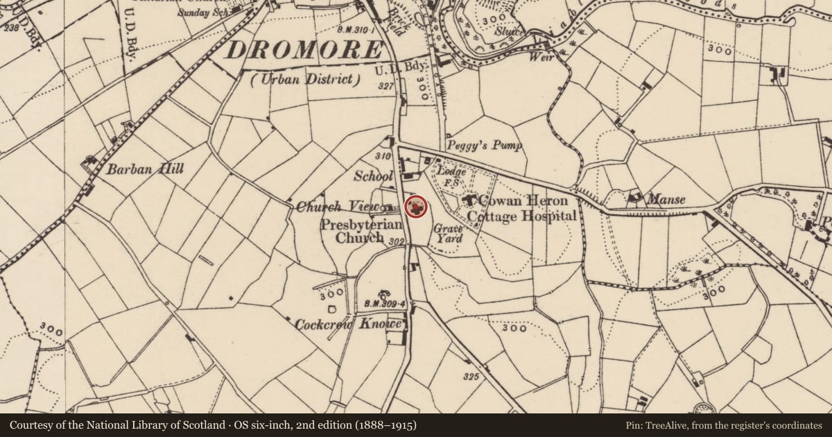 Ordnance Survey six-inch map, 2nd edition (1888–1915) covering the location of First Dromore Presbyterian Church, Drumboneth, Armagh City, Banbridge and Craigavon, with a pin at the register's coordinates