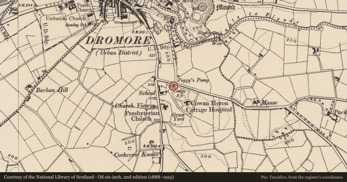 Ordnance Survey six-inch map, 2nd edition (1888–1915) covering the location of Lodge, Ballooly, Armagh City, Banbridge and Craigavon, with a pin at the register's coordinates