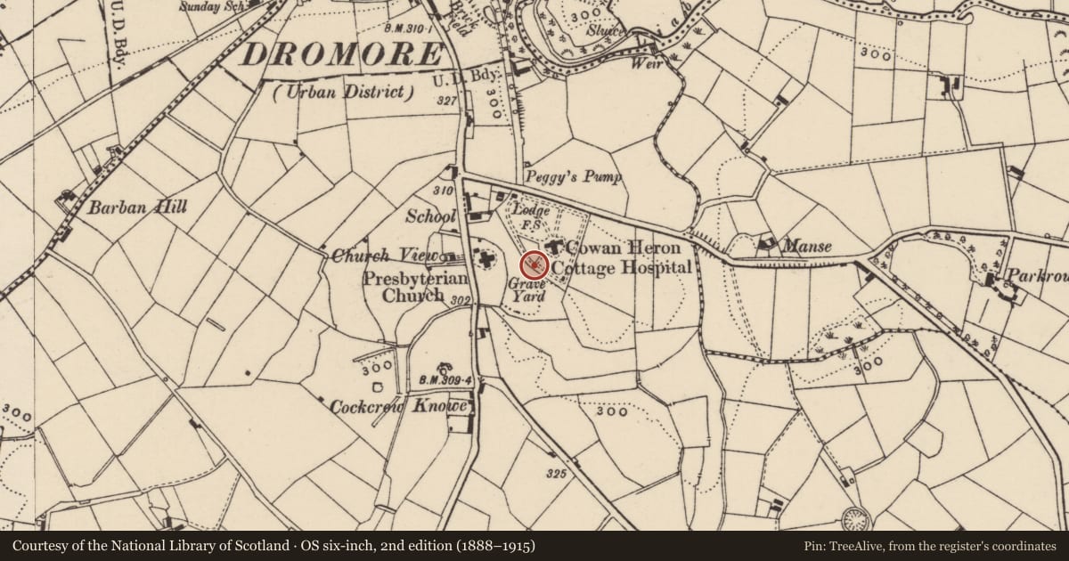 Ordnance Survey six-inch map, 2nd edition (1888–1915) covering the location of Mortuary at Cowan Heron Hospital, Ballooly, Armagh City, Banbridge and Craigavon, with a pin at the register's coordinates
