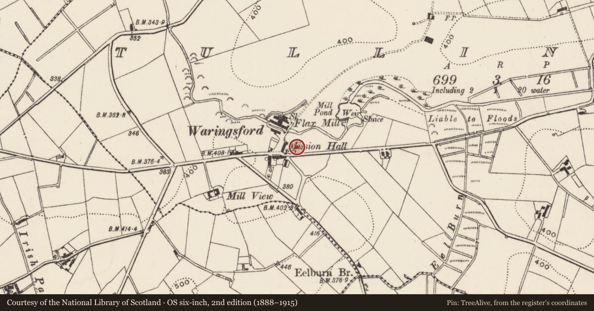 Ordnance Survey six-inch map, 2nd edition (1888–1915) covering the location of Warringsford Orange Hall, Tullinsky, Armagh City, Banbridge and Craigavon, with a pin at the register's coordinates