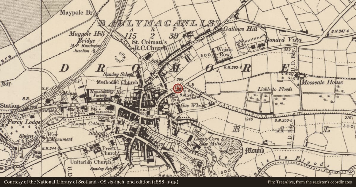 Ordnance Survey six-inch map, 2nd edition (1888–1915) covering the location of Rath House, Balleny, Armagh City, Banbridge and Craigavon, with a pin at the register's coordinates
