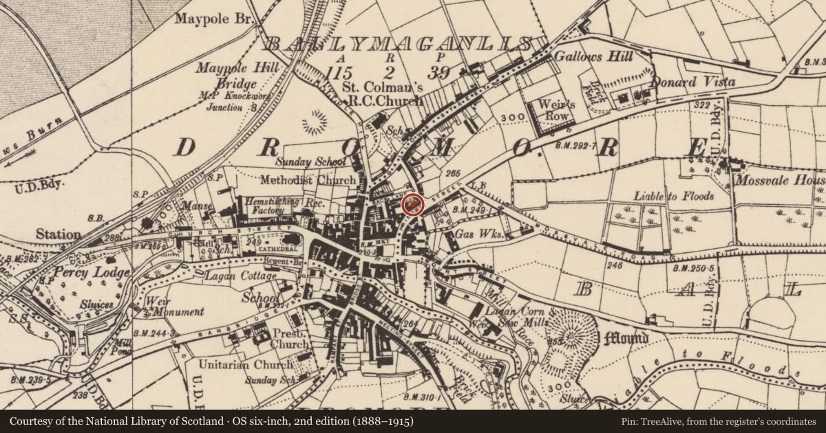 Ordnance Survey six-inch map, 2nd edition (1888–1915) covering the location of 17 Prince?s Street, Armagh City, Banbridge and Craigavon, with a pin at the register's coordinates