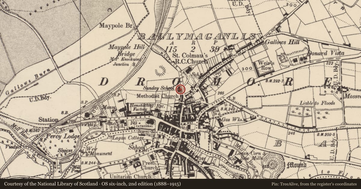 Ordnance Survey six-inch map, 2nd edition (1888–1915) covering the location of Methodist Church, Ballymaganlis, Armagh City, Banbridge and Craigavon, with a pin at the register's coordinates