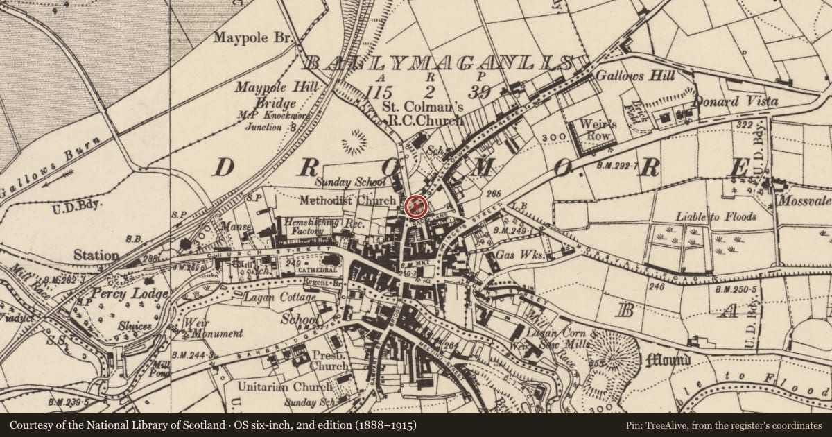 Ordnance Survey six-inch map, 2nd edition (1888–1915) covering the location of 36-40 Gallows Street, Armagh City, Banbridge and Craigavon, with a pin at the register's coordinates