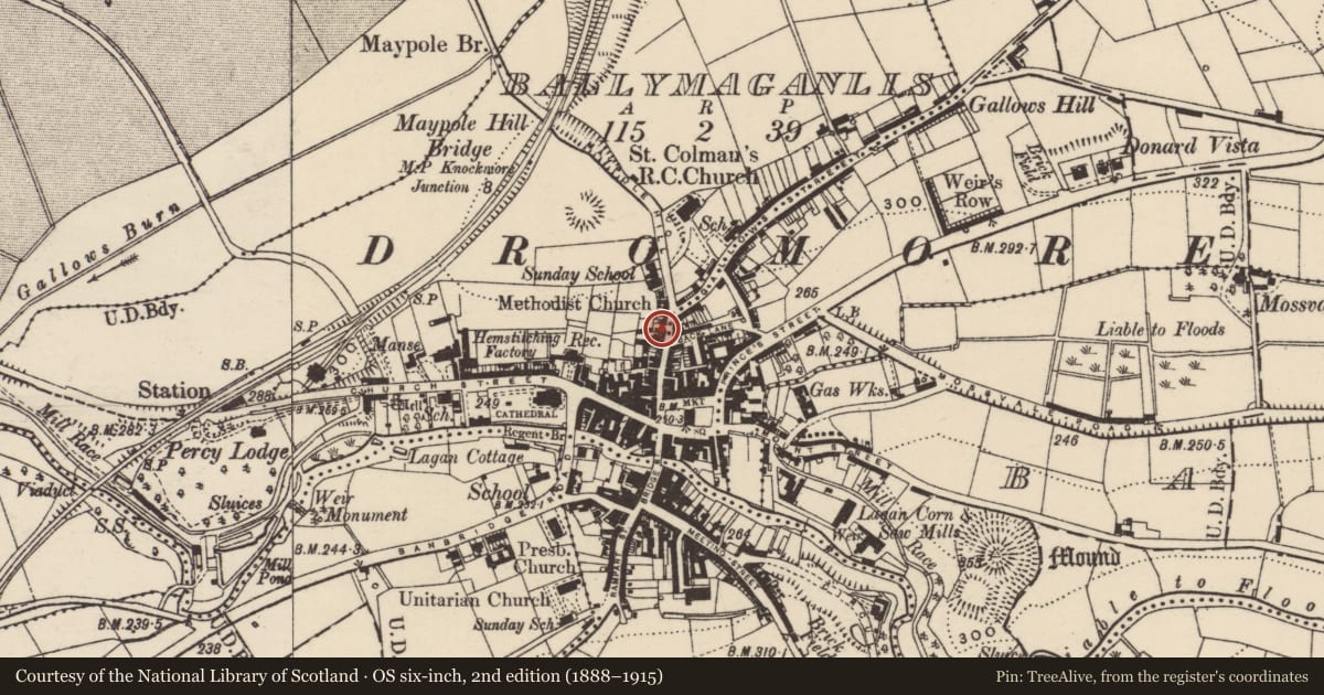 Ordnance Survey six-inch map, 2nd edition (1888–1915) covering the location of 25 Gallows Street, Armagh City, Banbridge and Craigavon, with a pin at the register's coordinates