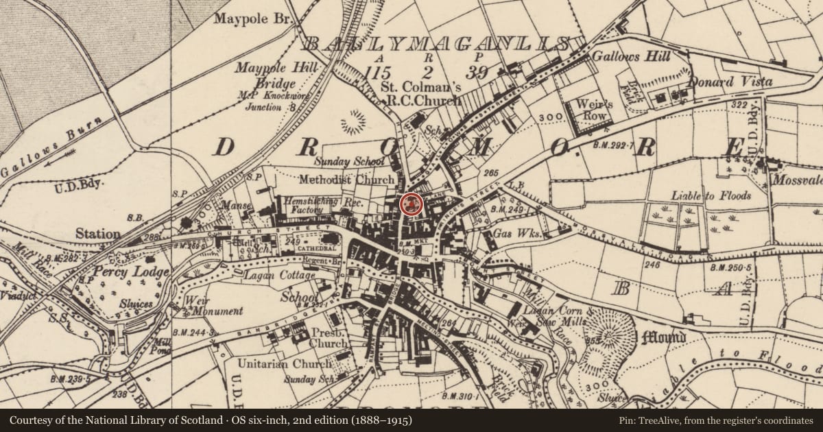 Ordnance Survey six-inch map, 2nd edition (1888–1915) covering the location of 24 Gallows Street, Armagh City, Banbridge and Craigavon, with a pin at the register's coordinates