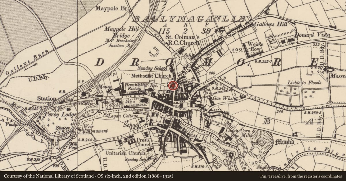 Ordnance Survey six-inch map, 2nd edition (1888–1915) covering the location of 23 Gallows St., Armagh City, Banbridge and Craigavon, with a pin at the register's coordinates