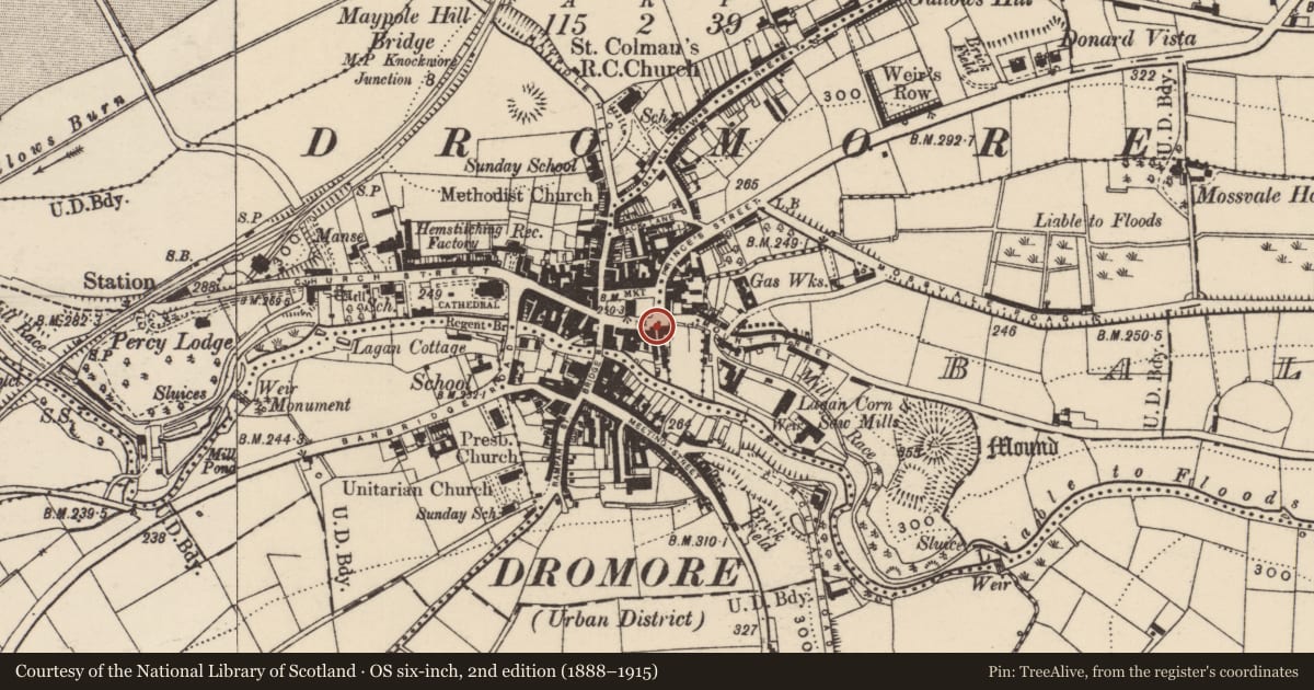 Ordnance Survey six-inch map, 2nd edition (1888–1915) covering the location of 24 Dicksons Court, Armagh City, Banbridge and Craigavon, with a pin at the register's coordinates