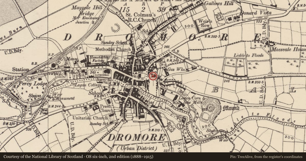 Ordnance Survey six-inch map, 2nd edition (1888–1915) covering the location of Keenans Lounge, Armagh City, Banbridge and Craigavon, with a pin at the register's coordinates