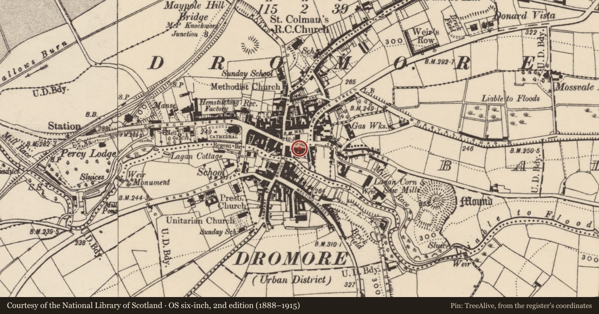 Ordnance Survey six-inch map, 2nd edition (1888–1915) covering the location of 30 Market Square, Balleny, Armagh City, Banbridge and Craigavon, with a pin at the register's coordinates