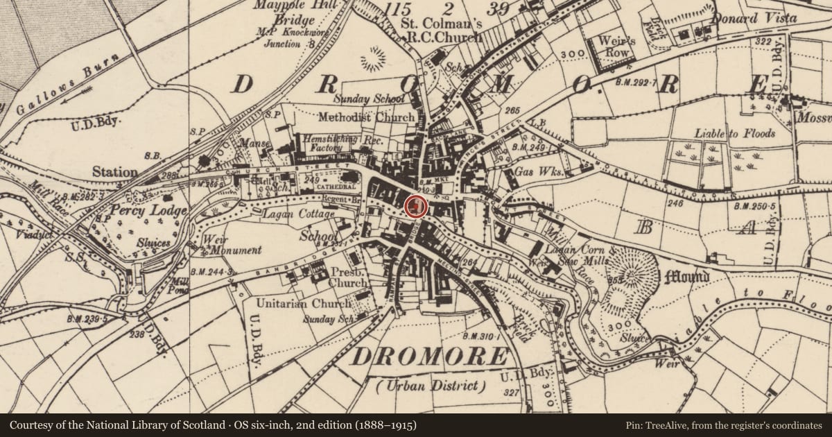 Ordnance Survey six-inch map, 2nd edition (1888–1915) covering the location of 10 Bridge Street, Balleny, Armagh City, Banbridge and Craigavon, with a pin at the register's coordinates