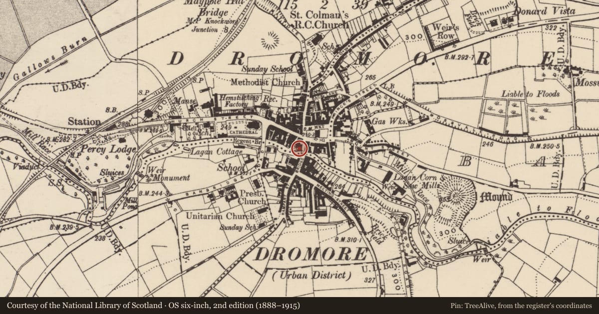 Ordnance Survey six-inch map, 2nd edition (1888–1915) covering the location of 12 Bridge Street, Balleny, Armagh City, Banbridge and Craigavon, with a pin at the register's coordinates