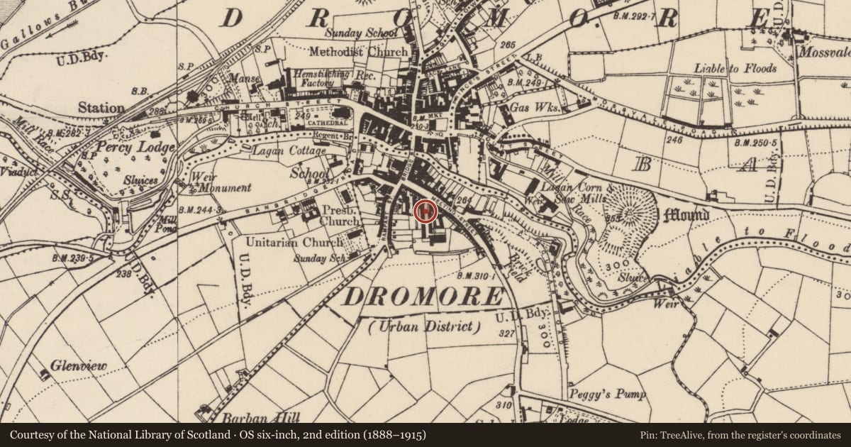 Ordnance Survey six-inch map, 2nd edition (1888–1915) covering the location of Joseph Gibson and Son, Armagh City, Banbridge and Craigavon, with a pin at the register's coordinates