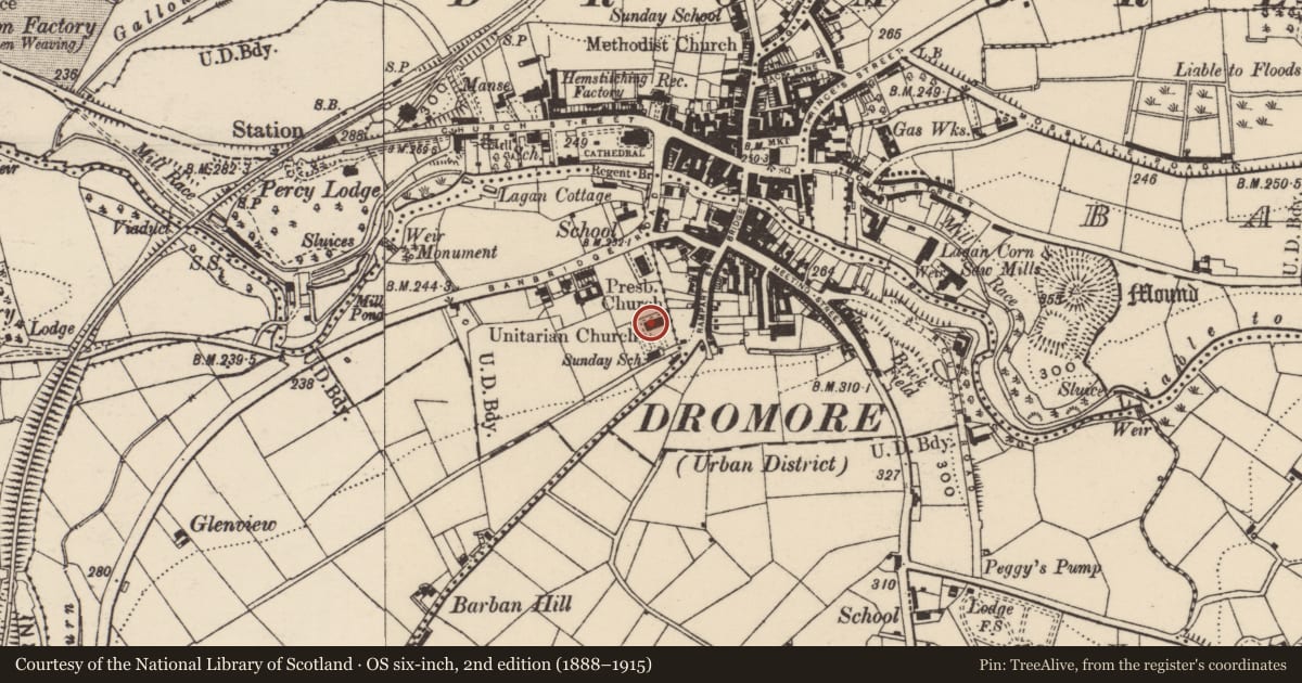 Ordnance Survey six-inch map, 2nd edition (1888–1915) covering the location of First Presbyterian Church, Balleny, Armagh City, Banbridge and Craigavon, with a pin at the register's coordinates