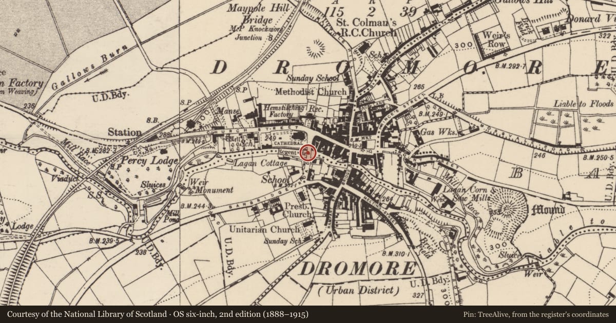 Ordnance Survey six-inch map, 2nd edition (1888–1915) covering the location of Regent Bridge, Ballymaganlis Drumbroneth, Armagh City, Banbridge and Craigavon, with a pin at the register's coordinates