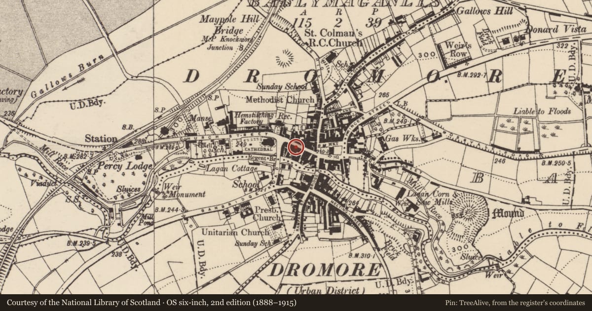 Ordnance Survey six-inch map, 2nd edition (1888–1915) covering the location of 15 Church St., Armagh City, Banbridge and Craigavon, with a pin at the register's coordinates