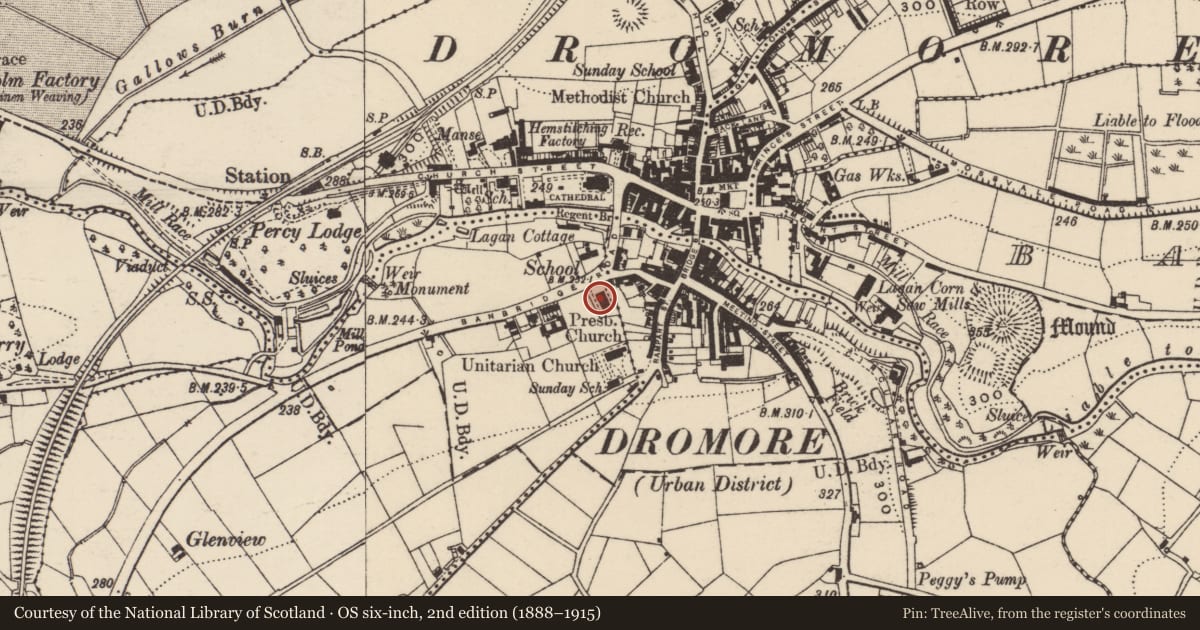 Ordnance Survey six-inch map, 2nd edition (1888–1915) covering the location of Banbridge Road Presbyterian Church, Balleny, Armagh City, Banbridge and Craigavon, with a pin at the register's coordinates