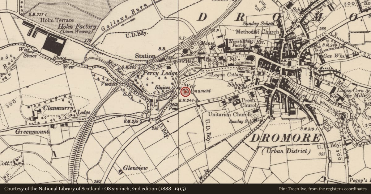Ordnance Survey six-inch map, 2nd edition (1888–1915) covering the location of Percy Monument, Armagh City, Banbridge and Craigavon, with a pin at the register's coordinates