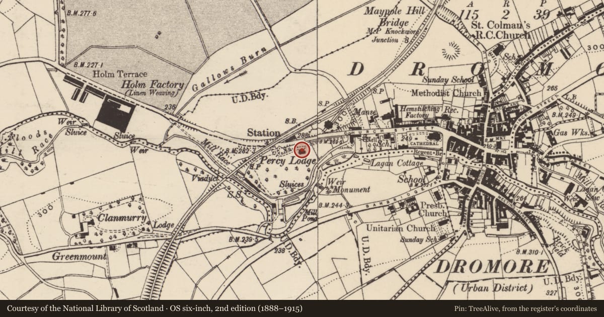 Ordnance Survey six-inch map, 2nd edition (1888–1915) covering the location of Percy Lodge, Balleny, Armagh City, Banbridge and Craigavon, with a pin at the register's coordinates
