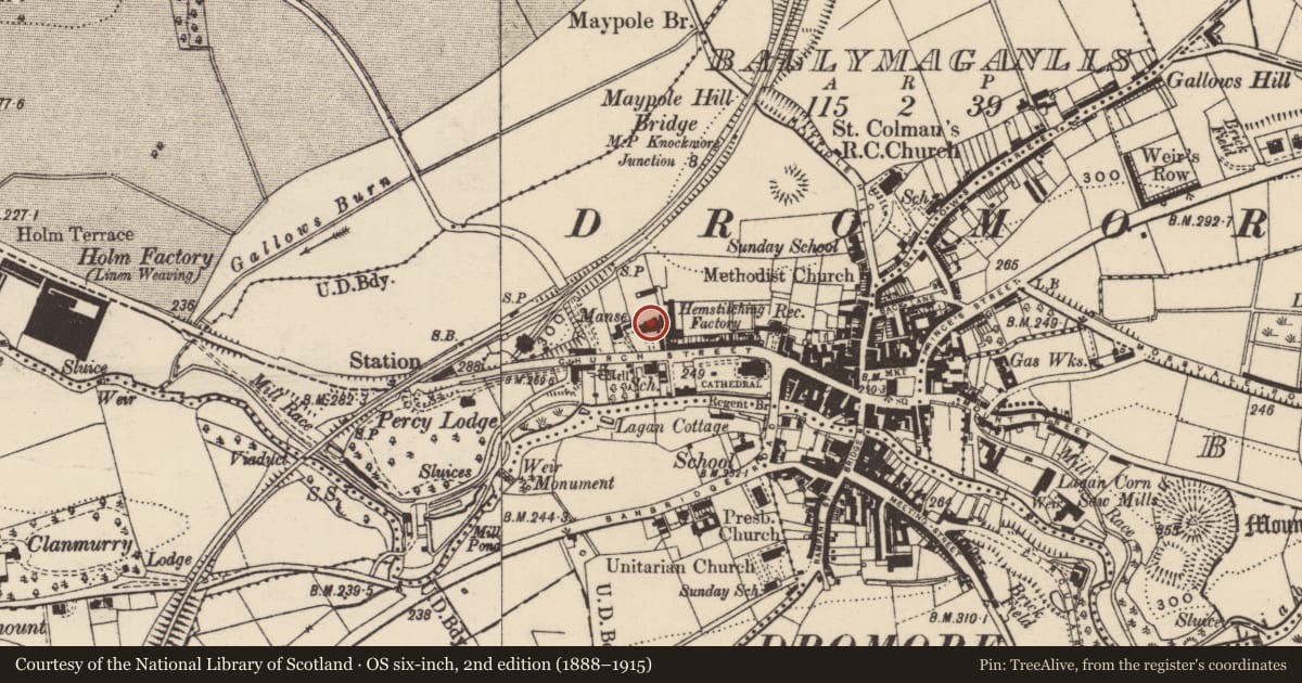 Ordnance Survey six-inch map, 2nd edition (1888–1915) covering the location of 80 Church Street, Balleny, Armagh City, Banbridge and Craigavon, with a pin at the register's coordinates