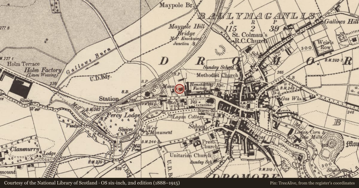 Ordnance Survey six-inch map, 2nd edition (1888–1915) covering the location of 82 Church Street, Balleny, Armagh City, Banbridge and Craigavon, with a pin at the register's coordinates