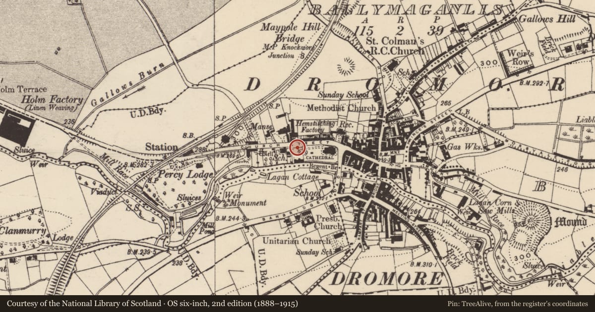 Ordnance Survey six-inch map, 2nd edition (1888–1915) covering the location of Warehouse, Armagh City, Banbridge and Craigavon, with a pin at the register's coordinates