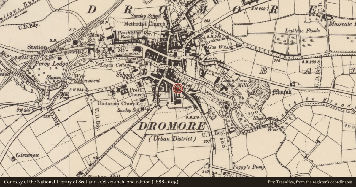 Ordnance Survey six-inch map, 2nd edition (1888–1915) covering the location of 24 Meeting Street, Balleny, Armagh City, Banbridge and Craigavon, with a pin at the register's coordinates