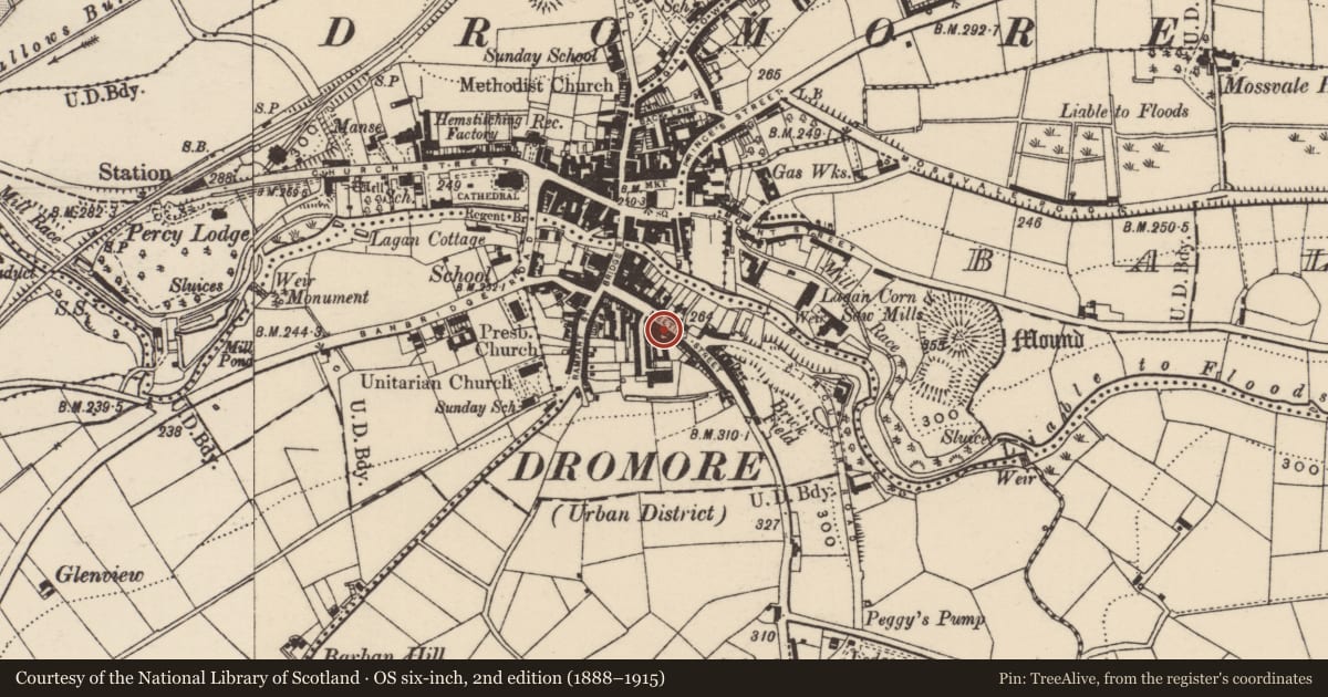 Ordnance Survey six-inch map, 2nd edition (1888–1915) covering the location of 26 Meeting Street, Balleny, Armagh City, Banbridge and Craigavon, with a pin at the register's coordinates