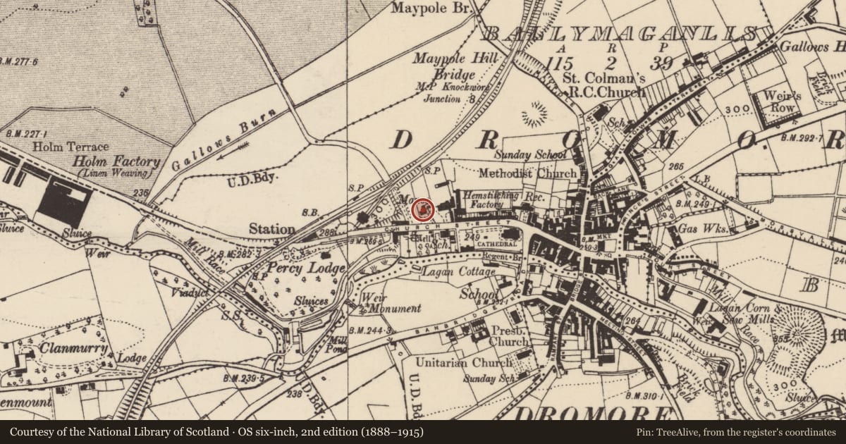 Ordnance Survey six-inch map, 2nd edition (1888–1915) covering the location of The Manse, Balleny, Armagh City, Banbridge and Craigavon, with a pin at the register's coordinates