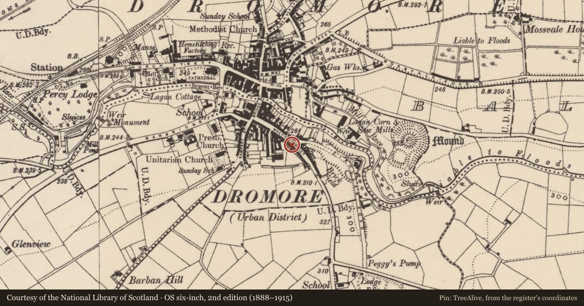 Ordnance Survey six-inch map, 2nd edition (1888–1915) covering the location of 40 Meeting Street, Balleny, Armagh City, Banbridge and Craigavon, with a pin at the register's coordinates